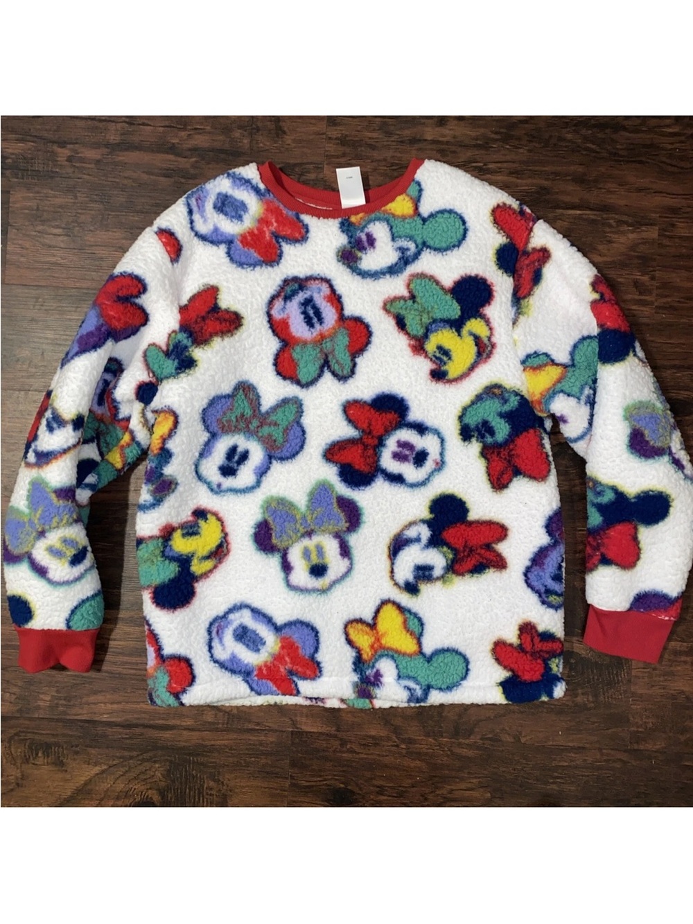 Disney White Fuzzy Minnie Mouse Pullover with Red Trim